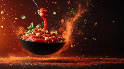 Dynamic splash of tomato sauce with fresh basil and spices