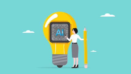 Introduction to AI, artificial intelligence to help and support work success, AI as the control center, innovation to change business, business woman presents light bulb idea with AI chip