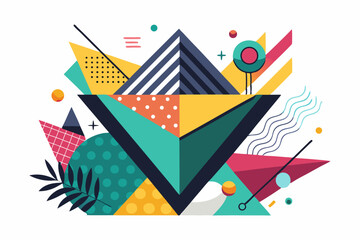 Obraz premium Vibrant abstract background featuring geometric shapes in Memphis style. Includes bold triangles in pink, teal, yellow, and purple, combined with dotted