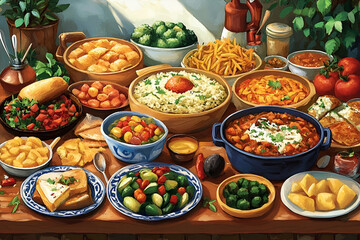 A colorful array of various dishes on a table.