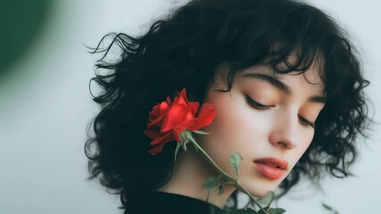 Dreamy young woman with closed eyes smelling a red rose, expressing calmness and beauty - Powered by Adobe