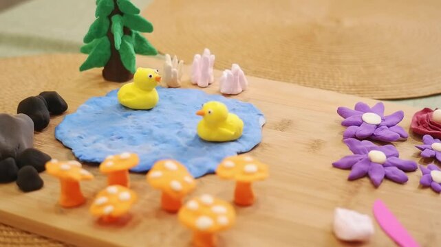 Small ducks swim in a play-doh pond, surrounded by flowers and mushrooms, on a wooden board