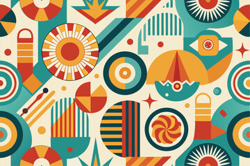 Fototapeta premium Vibrant abstract background featuring geometric shapes in Memphis style. Includes bold triangles in pink, teal, yellow, and purple, combined with dotted