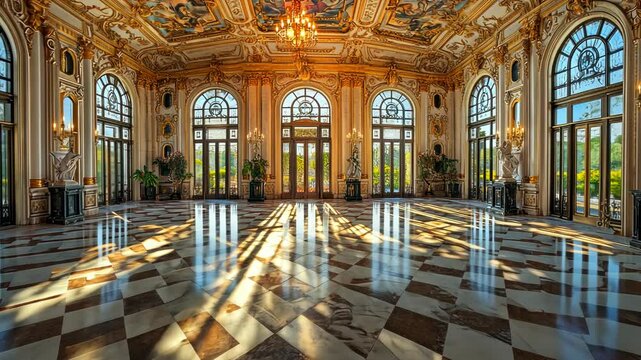 Grand hall with ornate gold details and sunlight reflecting on a checkered floor