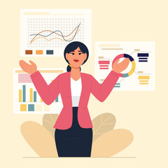 Businesswoman confidently presents financial data using bar graphs, pie charts, and line graphs on a whiteboard, showcasing growth and market analysis.