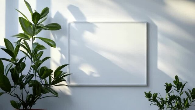 Minimalistic empty frame on a wall surrounded by green plants and soft shadows