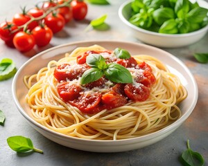 Classic Italian spaghetti pasta with tomato sauce, cherry tomatoes, and basil leaves served on white plate with ingredients