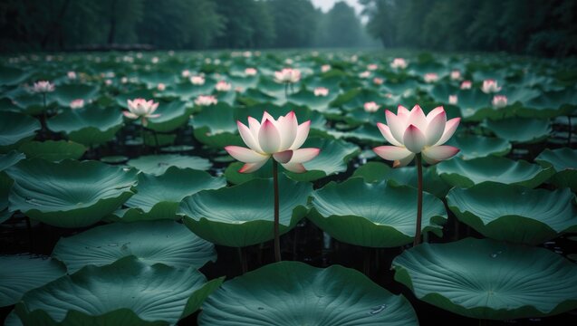 A vertical shot of lotus leaves on the pond