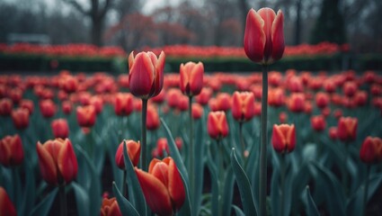 Obraz premium Red Tulip In Gardens During Tulips Season