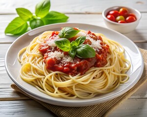 Classic Italian spaghetti pasta with tomato sauce, cherry tomatoes, and basil leaves served on white plate with ingredients