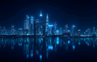 Fototapeta premium Urban Night View: Buildings & Water Reflections