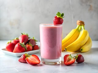 Fresh strawberry banana smoothie in glass with whole fruits on table, healthy summer drink with natural ingredients