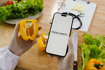 Fresh vegetables inspected for quality and safety in a clean kitchen, promoting health, hygiene,...