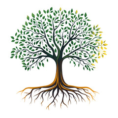Fototapeta premium Tree of life design, clear defined branches and roots, solid green and brown colors, symbolizing growth, connection to nature, and eternal life, no gradients, pure white background.