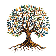 Tree of life design, clear defined branches and roots, solid green and brown colors, symbolizing growth, connection to nature, and eternal life, no gradients, pure white background.


