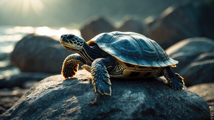 Obraz premium A turtle sunbathing on a rock