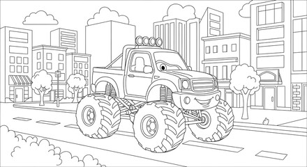 Fototapeta premium Monster truck coloring page for kids printable free download city background simple design on transparent background