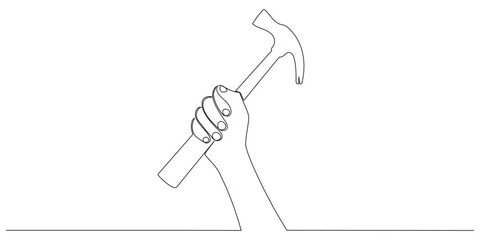 Continuous one-line art of a hand holding a hammer – Happy Labor Day vector illustration