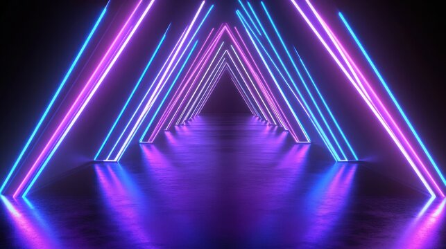 Neon light tunnel with triangular structures.