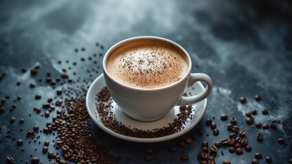Obraz premium Cappuccino Served On A White Cup With Coffee Sprinkles, surrounded by coffee beans.