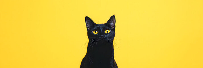  Black Cat with Yellow Eyes on Bright Yellow Background