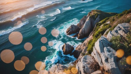 Obraz premium Rocky coastline with waves and top view, natural scenery, vibrant colors, and blank space for text.