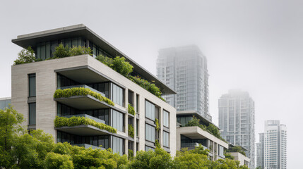 modern urban landscape featuring buildings with green balconies and lush vertical gardens