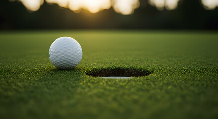 Golf Ball Near Hole on Green Grass in Sunset Light
