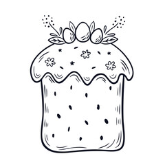 Easter cake in doodle style isolated on white. Easter cake with icing and sprinkles. Element for poster, postcard, cover, advertising design. Vector illustration