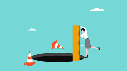 risk estimation, estimate business risk, business woman using a ruler measures the depth of a hole on the road