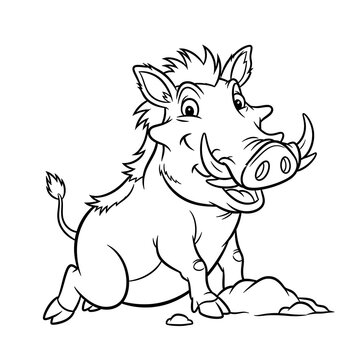 Warthog coloring page printable for kids, cartoon animal outline drawing, easy art project on transparent background