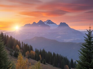 Obraz premium Majestic sunrise over mountain peaks autumnal forest