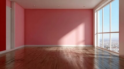 Obraz premium Bright Interior View of a Minimalist Room with Pink Wall and Sunshine Streaming through Window
