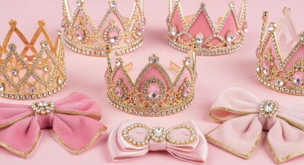 Elegant Pink and Gold Princess Crowns and Bows for Fashion, Party Supplies, or Decoration
