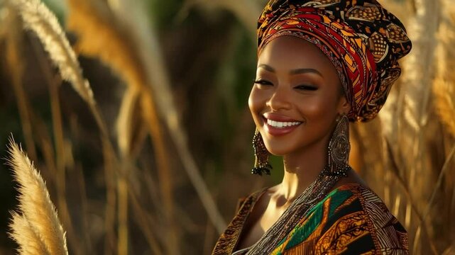 Portrait of an African woman in traditional attire with a colorful headwrap, standing in a field of golden pampas grass. Black History month, Juneteenth, Kwanzaa