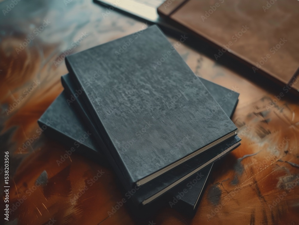 Fototapete stack of dark books on a textured table surface