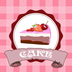 Sweet dessert in the banner.Vector color illustration of sweet dessert presentation on checkered background.