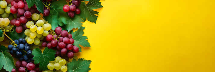 Dionysus Celebrating with Festive Wine and Grapes wide banner - yellow background