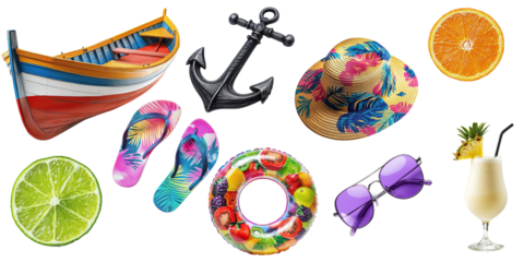 Set of summer items for rest and relaxation isolated on transparent background PNG. Summer things for beach vacation, boat, anchor, glasses, hat, fruits, cocktail