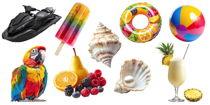 Set of summer items for rest and relaxation isolated on transparent background PNG. Summer things for beach vacation, ice cream, cocktail, shell, jet ski, fruits, parrot