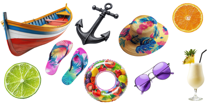Set of summer items for rest and relaxation isolated on transparent background PNG. Summer things for beach vacation, boat, anchor, glasses, hat, fruits, cocktail