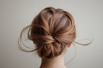  Hair in messy bun tied with knot, loose strands and hair tie visible, top-down view captures casual style and beauty on white background.