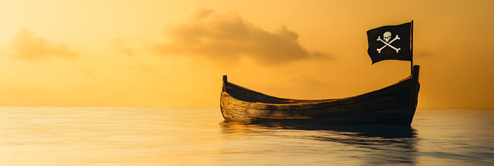 Makeshift Raft with Pirate Flag Lost at Sea under Ominous Clouds wide banner - yellow background