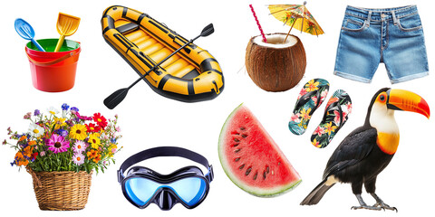A set of summer items for rest and relaxation isolated on a transparent background PNG. Summer beach vacation items, boat, shorts, flowers, toucan, cocktail, watermelon, diving glasses