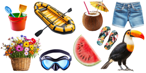 A set of summer items for rest and relaxation isolated on a transparent background PNG. Summer beach vacation items, boat, shorts, flowers, toucan, cocktail, watermelon, diving glasses