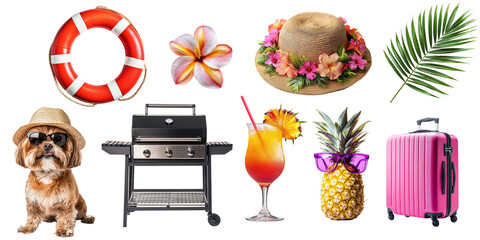 Set of summer items for rest and relaxation isolated on transparent background PNG. Summer beach vacation items, dog, cocktail, grill, hat, pineapple, suitcase, flower