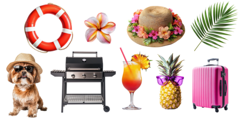 Set of summer items for rest and relaxation isolated on transparent background PNG. Summer beach vacation items, dog, cocktail, grill, hat, pineapple, suitcase, flower