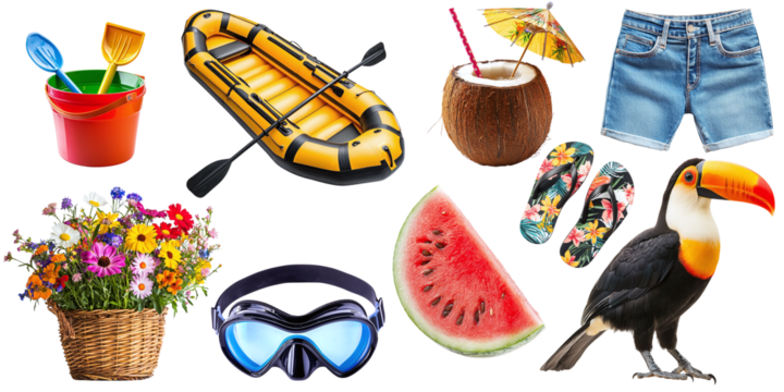 A set of summer items for rest and relaxation isolated on a transparent background PNG. Summer beach vacation items, boat, shorts, flowers, toucan, cocktail, watermelon, diving glasses - Powered by Adobe