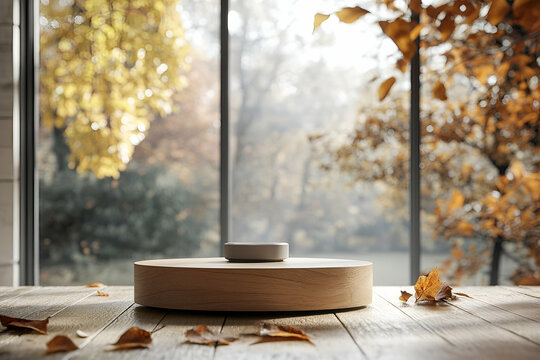 Wooden pedestal with autumnal leaves and a muted, natural color scheme.