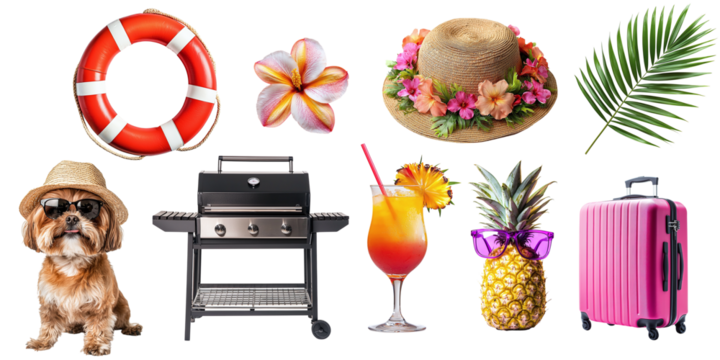 Set of summer items for rest and relaxation isolated on transparent background PNG. Summer beach vacation items, dog, cocktail, grill, hat, pineapple, suitcase, flower